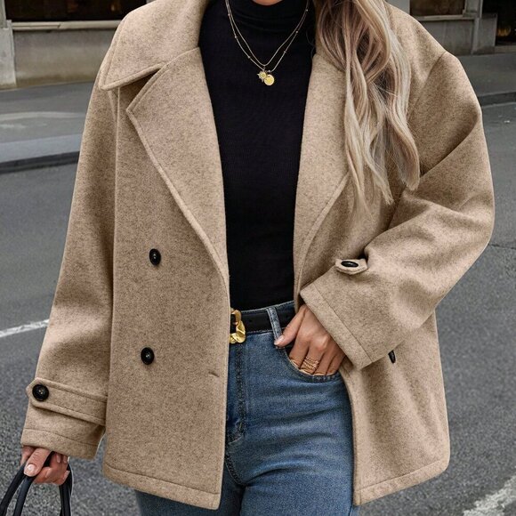 Khaki Casual Women's Double-Breasted Long Sleeve Loose Wool Coat - Picture 3 of 6